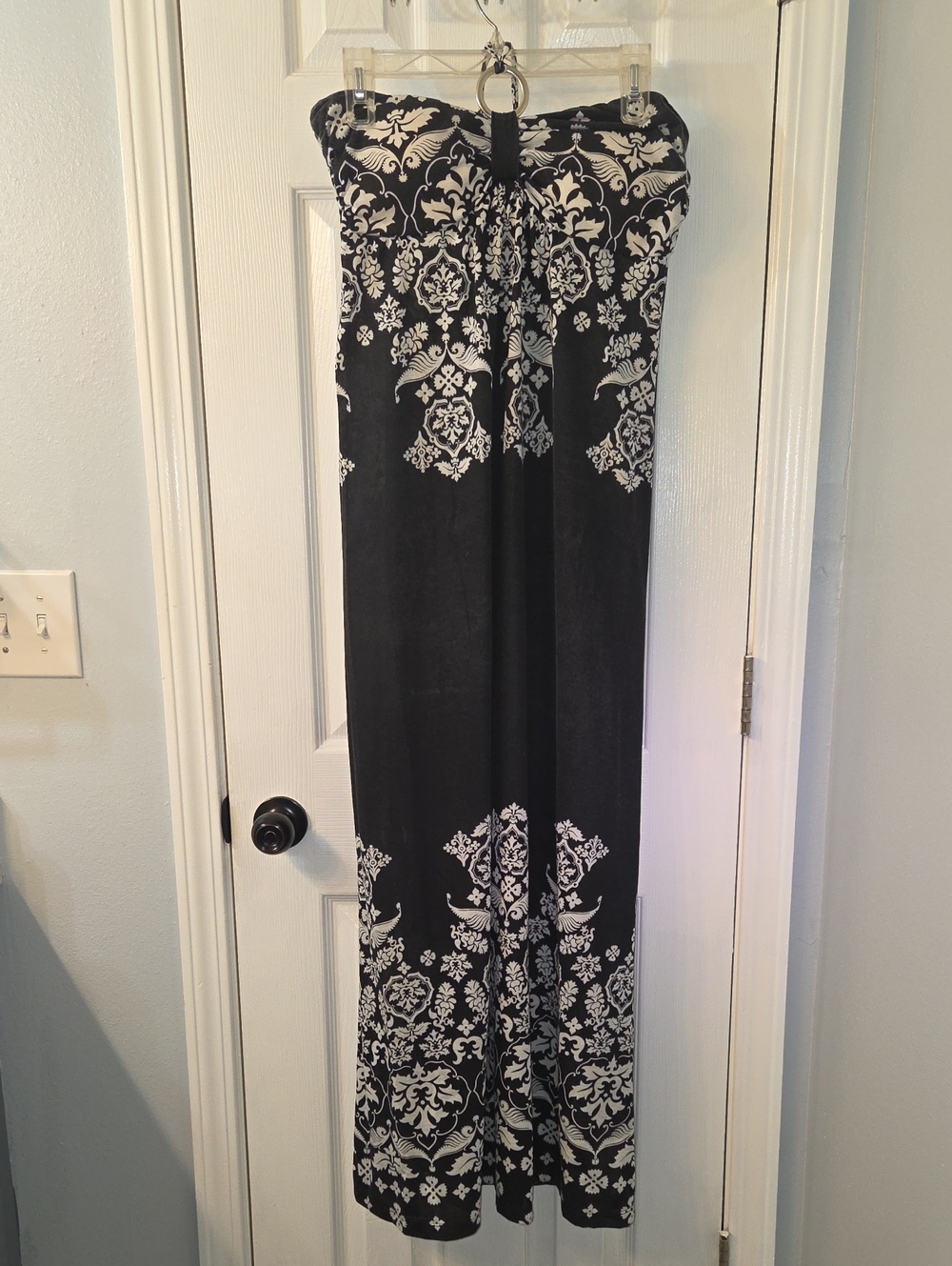 Derek Heart Black and White Strapless Maxi with Damask Print